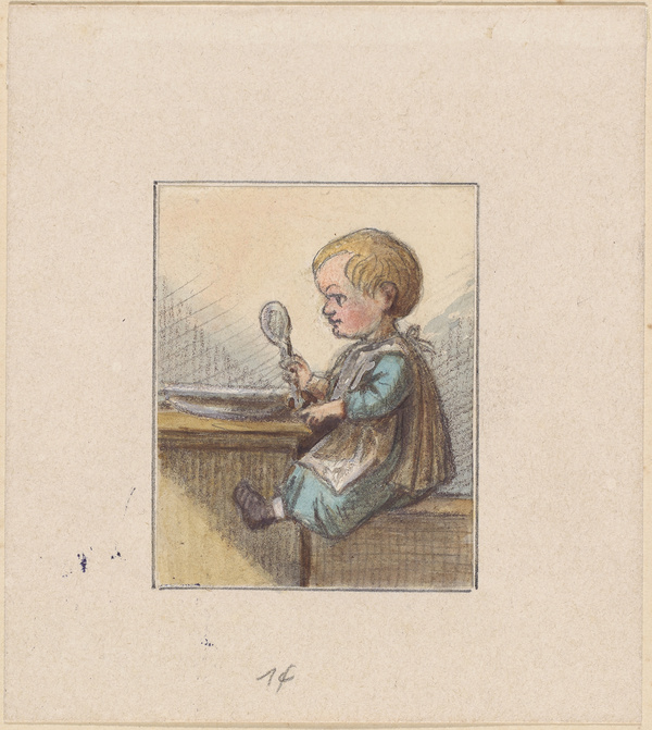 Franz von Pocci, Kind, am Tisch sitzend, mit Löffel und Teller