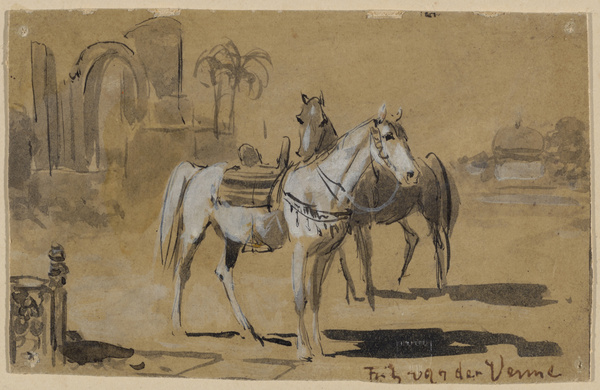 Fritz van der Venne, Zwei gesattelte Pferde in südlicher Landschaft