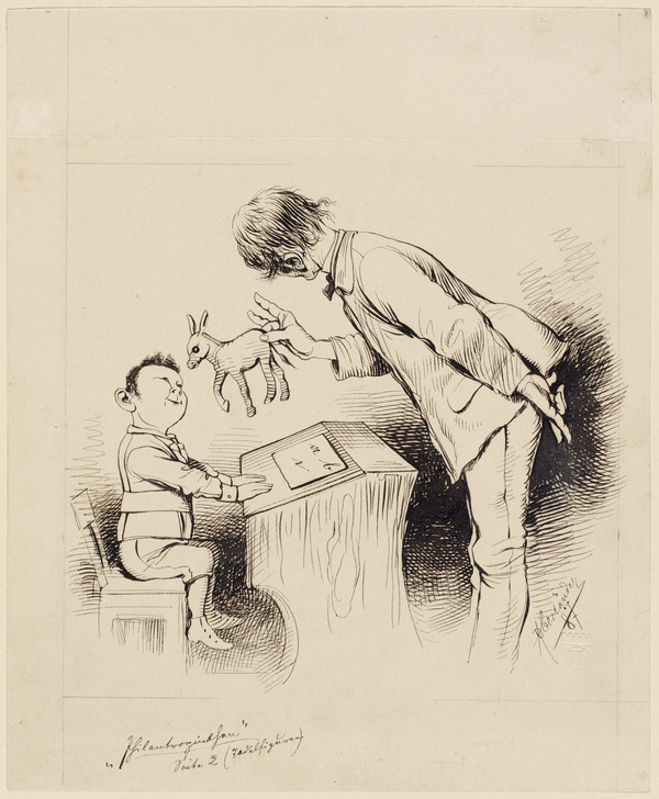 Adolf Oberländer, Ein Sieg der modernen Pädagogik, Vorzeichnungen zu den Holzschnitten in den Fliegenden Blättern Nr. 2175 (1887)
