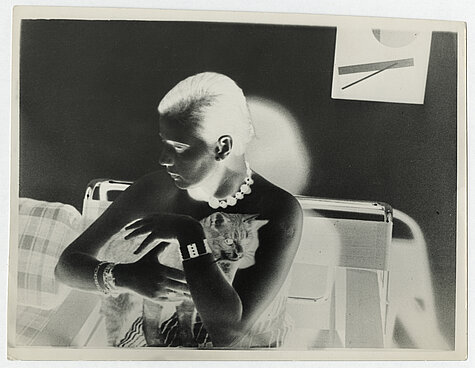 Franz Roh, Frau im Bauhausstuhl mit Katze, 1928–33, Gelatineentwicklungspapier, Negativdruck, Münchner Stadtmuseum. Foto: Münchner Stadtmuseum, © Richard Hampe, München