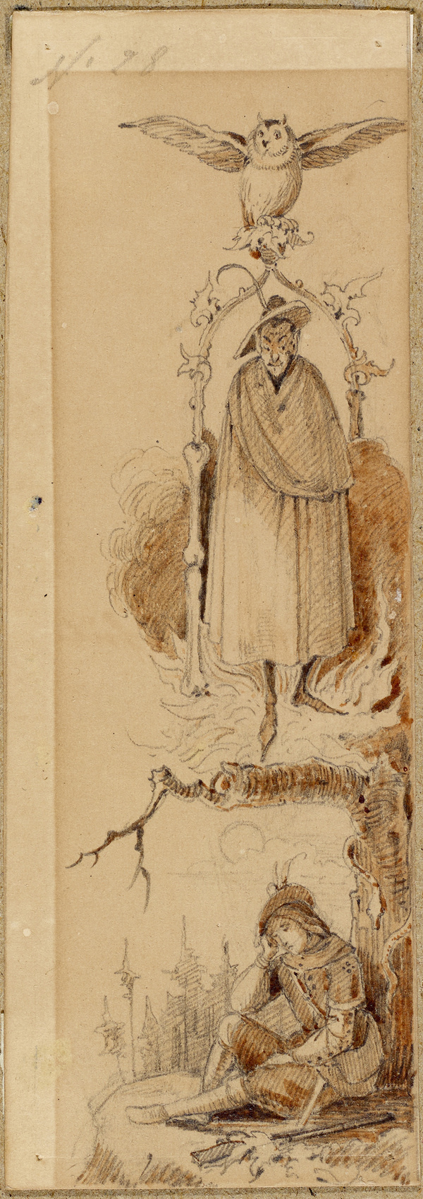 Franz von Pocci, Jäger, unter einem Baum ruhend, darüber der Teufel mit Eule