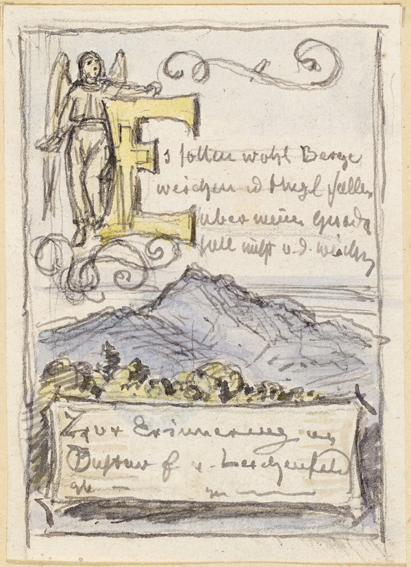 Franz von Pocci, Entwurf (1) zu einem Erinnerungsblatt an Gust. Frh. von Lerchenfeld Berglandschaft mit Schrifttafel
