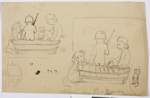 Gabriel von Max, recto: Ludmilla (?) (Kinder beim Baden)
verso: Ohne Titel (Leuchtturm im Meer / Kinderzeichnung ?), 1884