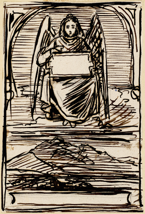 Franz von Pocci, Entwurf (3) zu einem Erinnerungsblatt an Gust. Frh. von Lerchenfeld Engel mit Schrifttafel über Berglandschaft