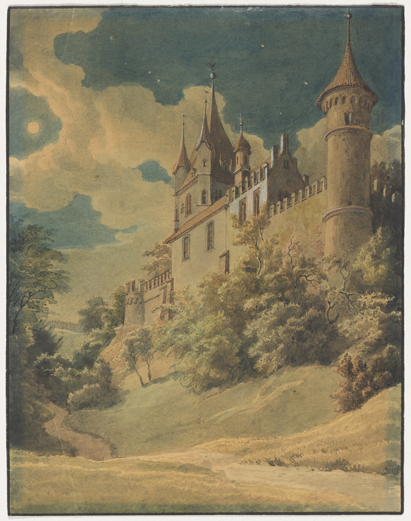 Lorenz Quaglio, Schloß Kaltenberg im Mondlicht (gesehen von unten, mit Kapellenbau und Mauer)