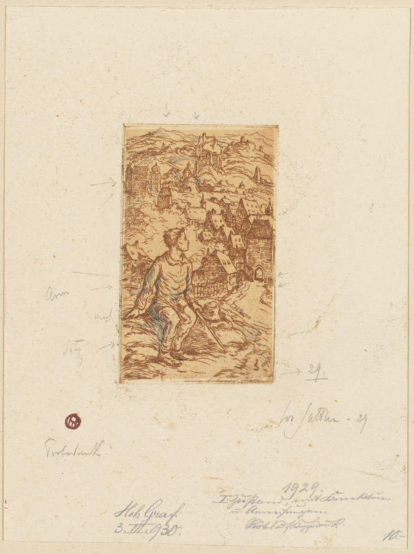 Joseph Sattler, Wanderbursche vor einem Städtchen am Bergeshang Probedruck, 1930