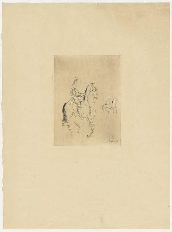 Edwin Scharff, Reiterstudie - I - Männlicher Akt zu Pferd, 1 weiterer im Hintergrund, 1914