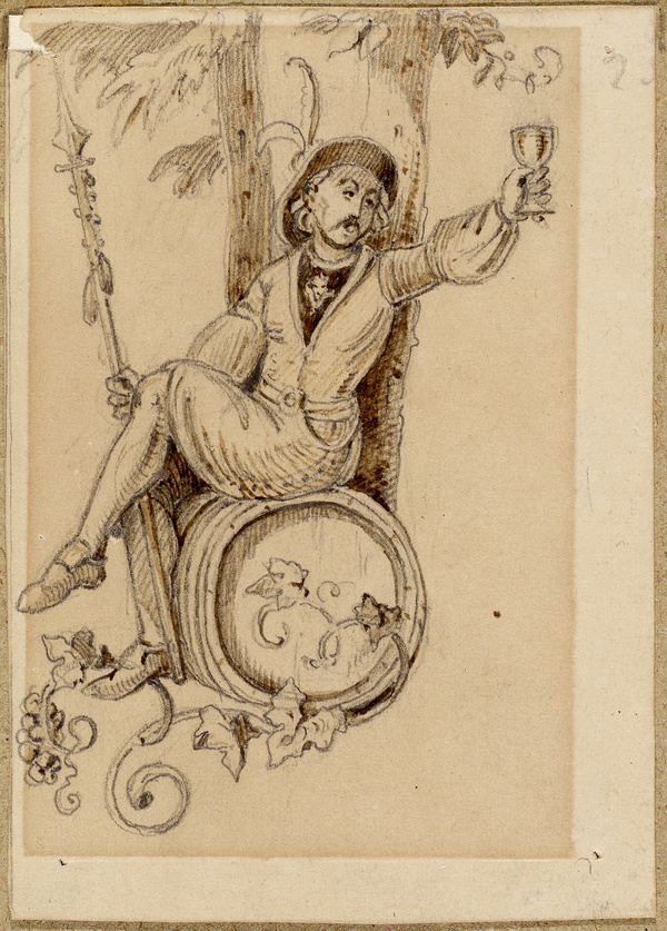 Franz von Pocci, Jäger mit Spieß und Pokal, auf einem Weinfaß sitzend