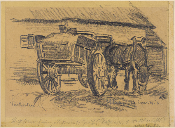 Josef Andreas Sailer, Einspänniger Troßwagen mit grasendem Pferd, 1916
