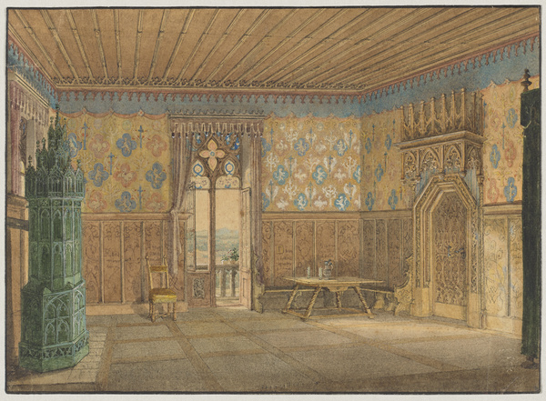 Lorenz Quaglio, Interieur in Schloß Kaltenberg mit Blick durch die offene Balkontür in die Landschaft, um 1847