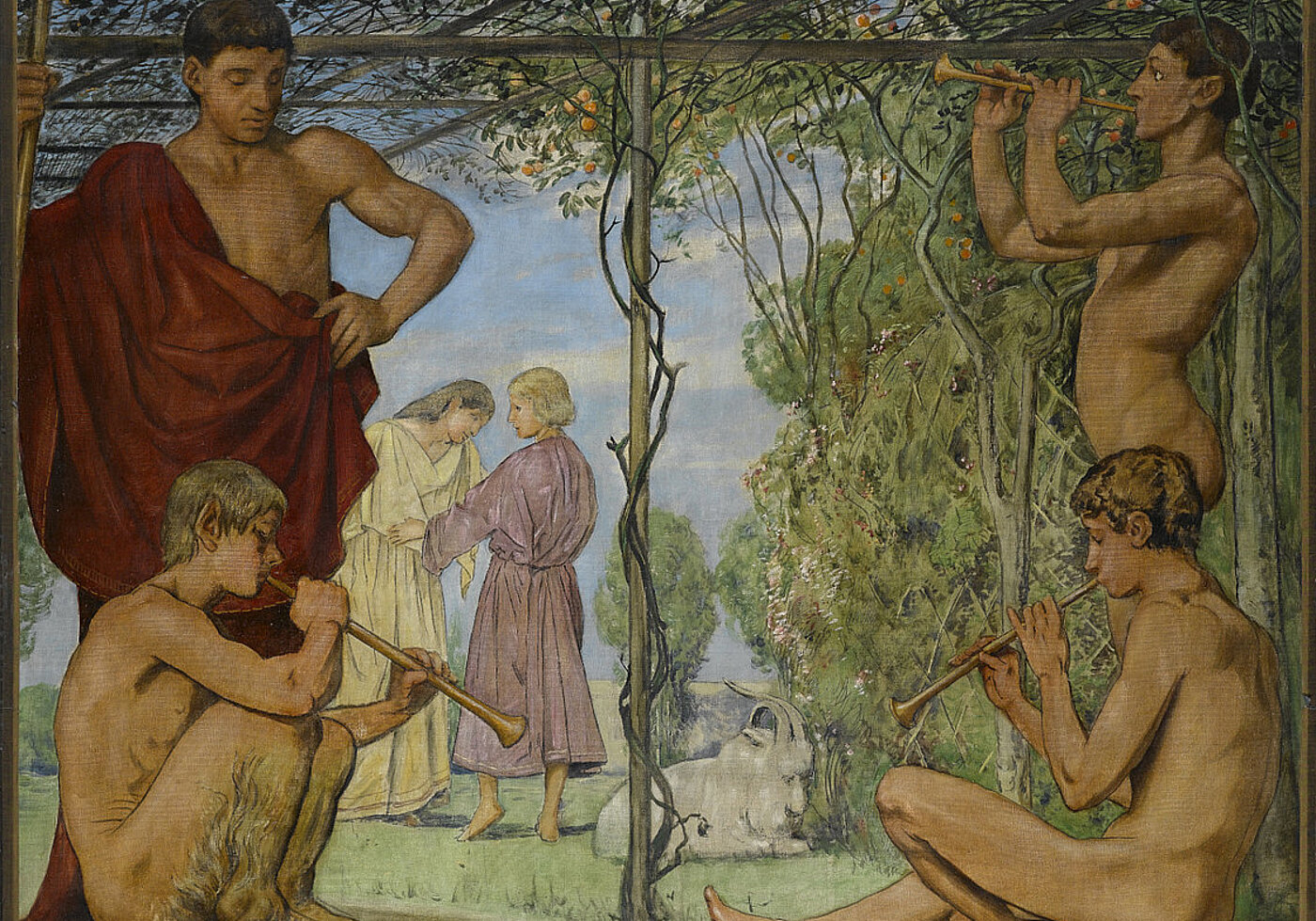 Hans Thoma, Wandfries aus dem Musiksaal des Hauses Pringsheim, München: Schalmeien blasende Jünglinge und Satyrknaben unter der Laube, 1891, Öl auf Leinwand, Foto: © Staatsgalerie Stuttgart, erworben 1935