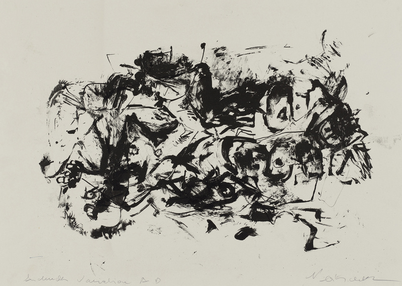 Hans Platschek, Epreuve d'artiste a) Abstrakte Komposition in Schwarz mit roten Spuren b) Andruck A dazu c) Andruck B dazu d) Andruck C dazu e) Andruck D dazu f) Andruck-Variation AD