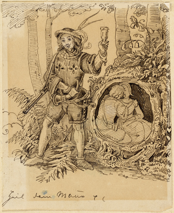 Franz von Pocci, Jäger mit Flinte und Pokal im Wald, in Baumwurzel ein Liebespaar