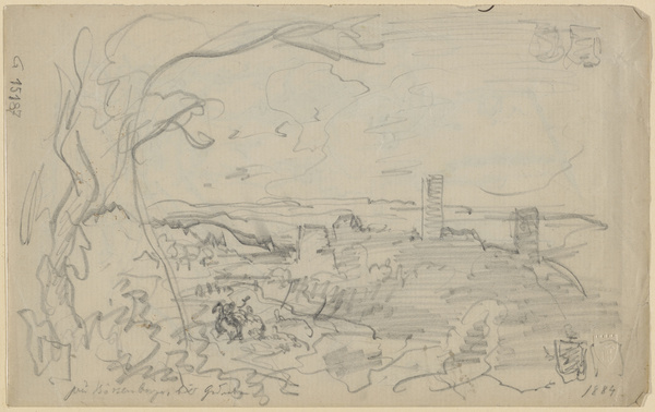 Josef Wenglein, Zwei Entwürfe zum Bössenbayer Bild mit Ruine und Staffagefiguren auf Vorder- und Rückseite, 1884