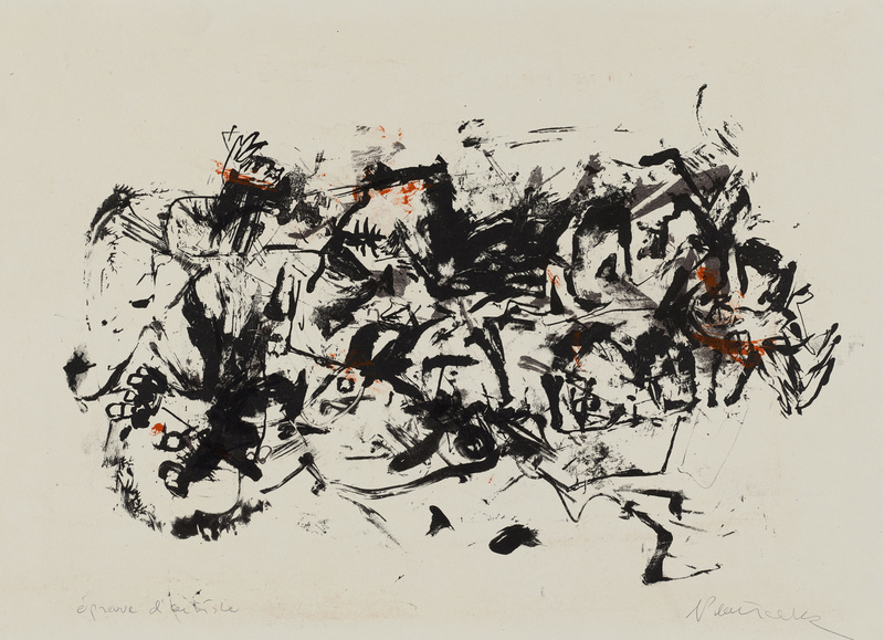 Hans Platschek, Epreuve d'artiste a) Abstrakte Komposition in Schwarz mit roten Spuren b) Andruck A dazu c) Andruck B dazu d) Andruck C dazu e) Andruck D dazu f) Andruck-Variation AD