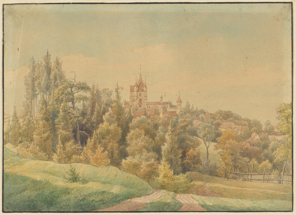 Lorenz Quaglio, Blick auf Schloß Kaltenberg (über hügelige Wiese und Laubbäumen)