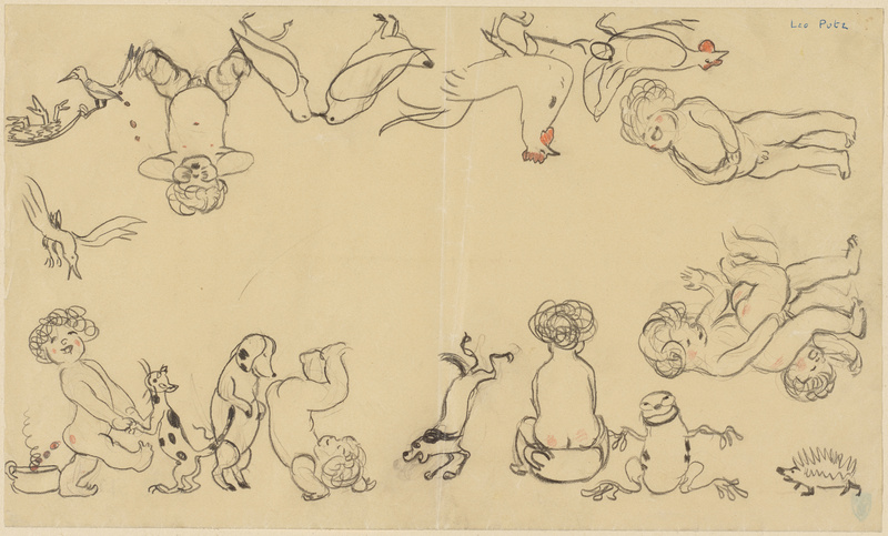 Leo Putz, Ein Kranz von Putten, Hunden, Katzen, Tauben und Hühnern, z.B. beim Eierlegen u.ä.