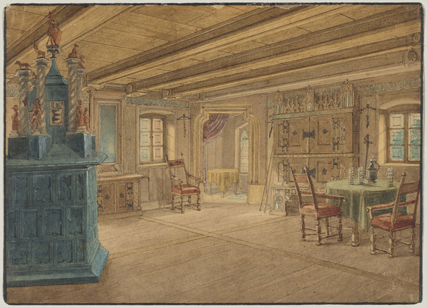 Lorenz Quaglio, Interieur aus Schloß Kaltenberg: getäfelte Stube mit Erkerzimmerchen und blauem Kachelofen