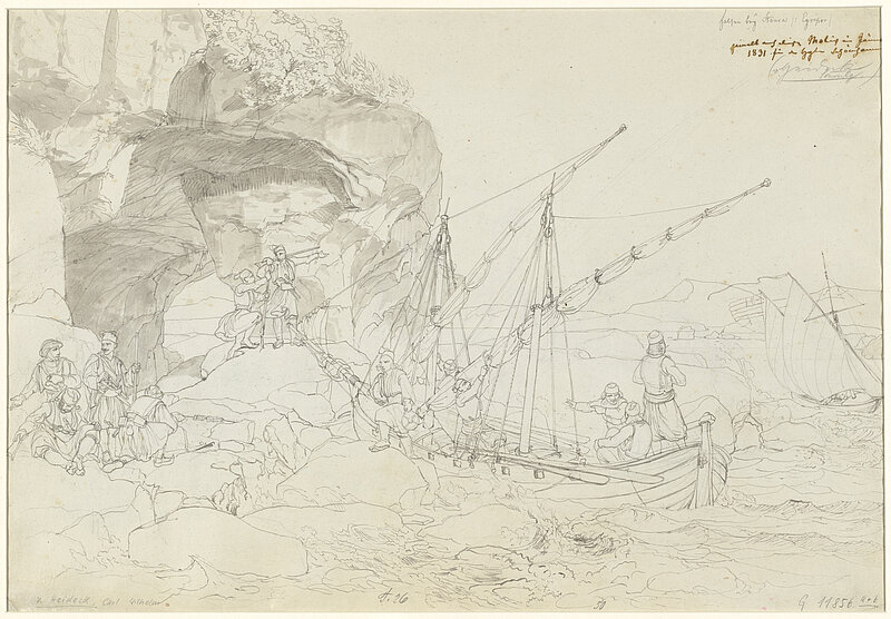 Carl Wilhelm Freiherr von Heideck, o.re.: Felsen bey Stoura Egripos; Rückseite: Felsen bei Stoura (Koura?) auf Egripos. Szene aus dem griechischen Freiheitskampf, 1831