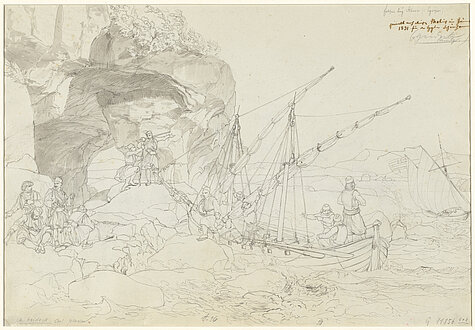 Carl Wilhelm Freiherr von Heideck, o.re.: Felsen bey Stoura Egripos; Rückseite: Felsen bei Stoura (Koura?) auf Egripos. Szene aus dem griechischen Freiheitskampf, 1831