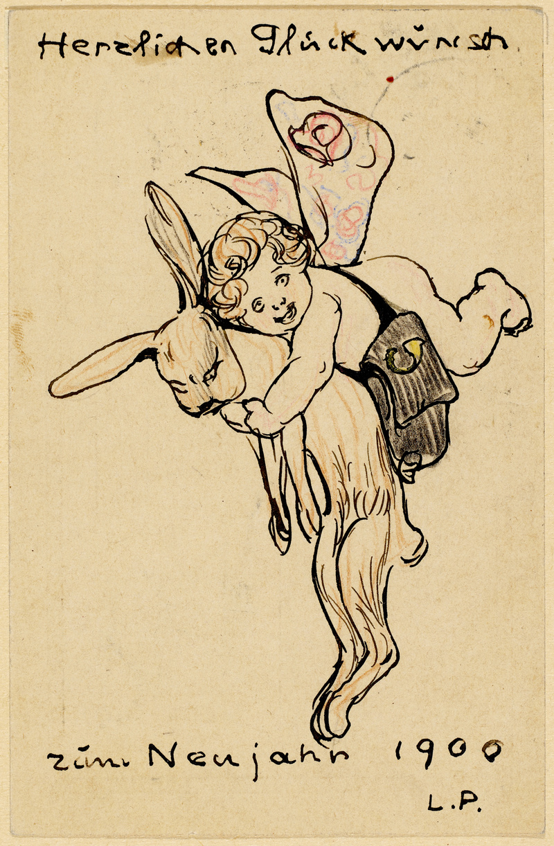 Leo Putz, o.mit.: Herzlichen Glückwunsch; u.mit.: zum Neujahr 1900; Postkarten-Serie /13 Engelchen mit Posttasche und einem alten Hasen