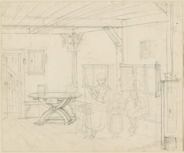 Lorenz Quaglio, Interieur einer Bauernstube (auf der Fensterbank angedeutete Figurengruppe)