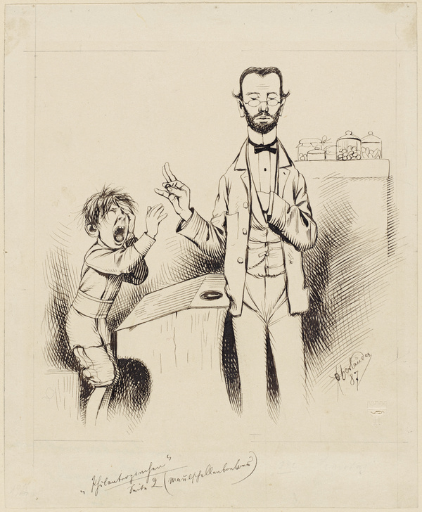 Adolf Oberländer, Ein Sieg der modernen Pädagogik, Vorzeichnungen zu den Holzschnitten in den Fliegenden Blättern Nr. 2175 (1887)