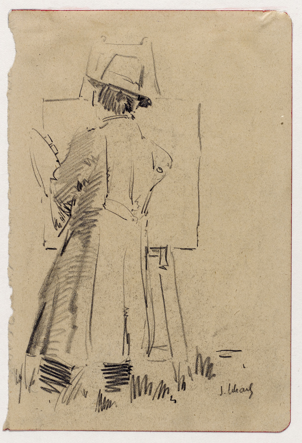 Josef Scharl, Selbstbildnis mit Hut und Mantel vor der Staffelei, Rückenansicht