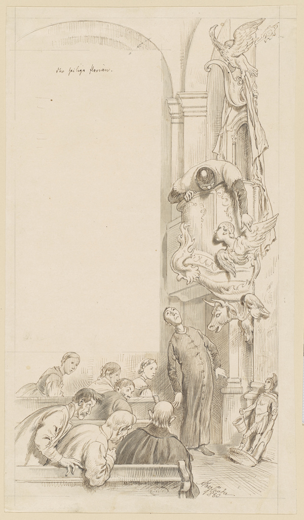 Adolf Oberländer, Der kurzsichti' Herr Pfarrer, Vorzeichnung zu dem Holzschnitt in den Fliegenden Blättern Nr. 1835 (1880), 1880