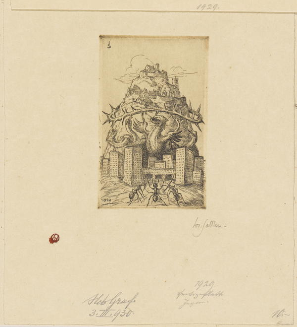 Joseph Sattler, Entwurf zu einem Ex-Libris (Lindwurm, Riesenschlangen und Dornenkrone über Hochhäusern, um einen Berg geschlungen), 1929/1930