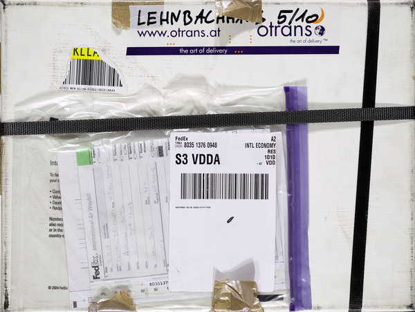 Karin Sander, Mailed Painting 143, Bonn-New York-Wien-Köln-Wien-München, 2014