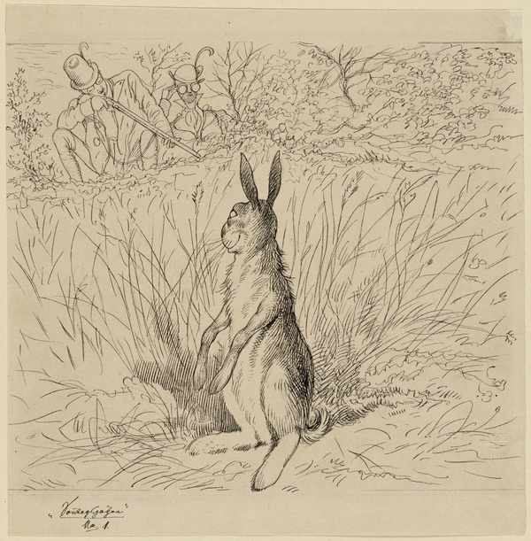 Adolf Oberländer, Boshafte Bekräftigung- Sonntagsjäger- Vorzeichnungen zu den Holzschnitten in den Fliegenden Blättern Nr. 1970 (1883)