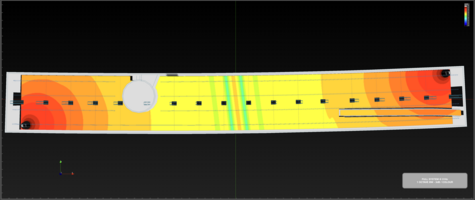 Sound propagation visualization of the two Meyer Sound line-array systems in the Kunstbau using the Meyer Sound MAPP 3D software at 31 Hz (one octave Bandwidth) with a color representation of level variations up to ±3 dB, 2025, © Meyer Sound Labs Inc.
