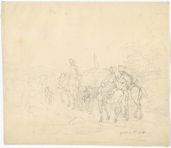 Carl Wilhelm Freiherr von Heideck, Vorderseite: Ein französisches Depot auf dem Marsch; Rückseite: Eine Marktentenderin auf einem Schimmel im Vordergrund, 1838