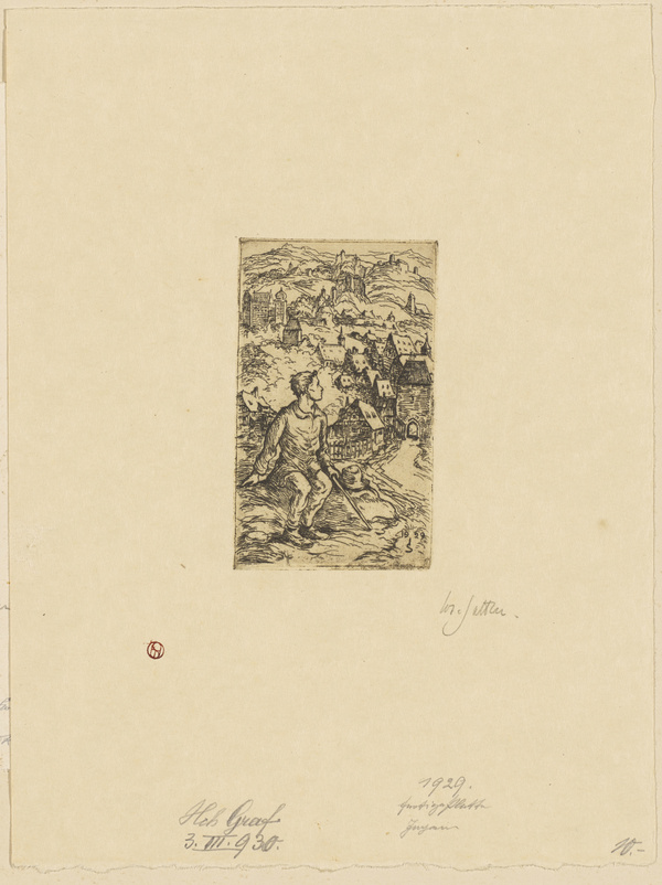 Joseph Sattler, Wanderbursche vor einem Städtchen am Bergeshang fertige Platte, 1930