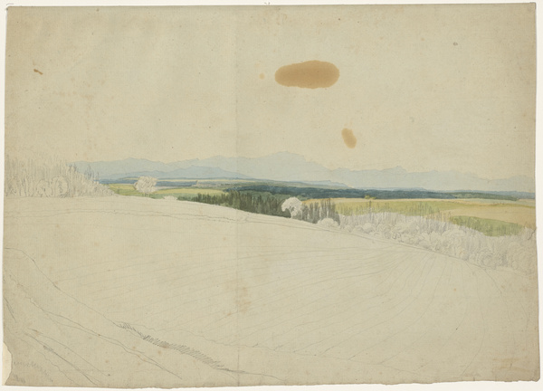 Wilhelm von Kobell, Oberbayerische Vorgebirgslandschaft, aus Gegend etwa westl. des Starnbergersees mit Wettersteinmassiv im Hintergrund