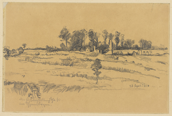 Josef Andreas Sailer, Die heißumstrittene Höhe 60 im Ypernbogen. (vor einem zerschossenen Wäldchen Mauerreste und flaches Feld), 1916