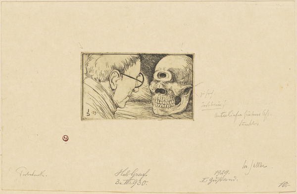 Joseph Sattler, Männerkopf mit Totenschädel (Zyklop) 1.Zustand, Probedruck, 1929