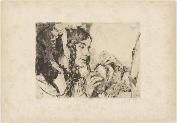 Heinrich Wolff, Frau des Künstlers, sich maskierend, 1901, 1901