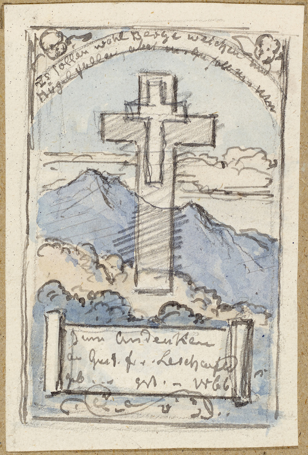 Franz von Pocci, Entwurf (6) zu einem Erinnerungsblatt an Gust. Frh. von Lerchenfeld Grabsteinkreuz vor Berglandschaft