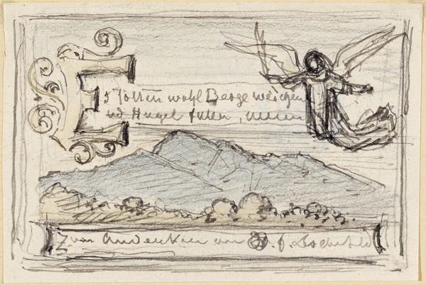 Franz von Pocci, Entwurf (5) zu einem Erinnerungsblatt an Gust. Frh. von Lerchenfeld Schrifttafel in Berglandschaft