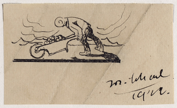 Josef Scharl, Mann, der einen Schubkarren schiebt; Vier Zeichnungen in einem Passepartout montiert, 1922