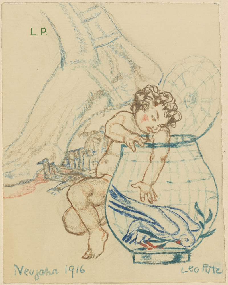 Leo Putz, Neujahr 1916; Putte mit der Hand in einem Bowlen-Glas, in dem ein Taubepaar liegt