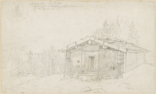 Lorenz Quaglio, Almhütte (mit Blick auf tiefer gelegene Alm), 1821