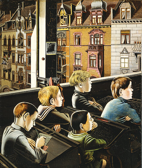 Karl Hubbuch, Die Schulstube, 1925, Öl auf grundierter Graupappe auf Holz, Privatsammlung. Foto: Privatsammlung, © Karl Hubbuch-Stiftung / Städtische Galerie Karlsruhe 2026