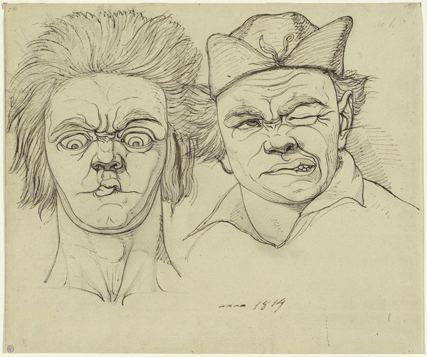 Bonaventura Genelli, Zwei Grimassen schneidende männliche Köpfe, 1814