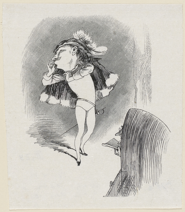 Adolf Oberländer, Der eifrige Souffleur und der eiserne Vorhang, Oberländer Album V 40, Fliegende Blätter Nr. 2113 (1886)