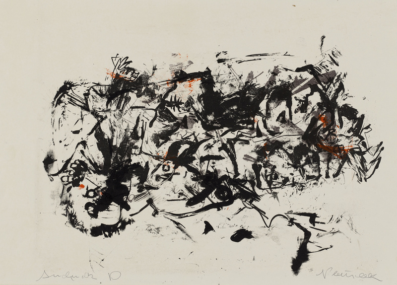 Hans Platschek, Epreuve d'artiste a) Abstrakte Komposition in Schwarz mit roten Spuren b) Andruck A dazu c) Andruck B dazu d) Andruck C dazu e) Andruck D dazu f) Andruck-Variation AD