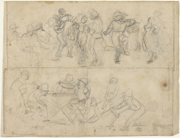 Reinhard Sebastian Zimmermann, Zwei Skizzen aus einem Skizzenbuch auf ein Blatt geklebt: Tanzende Paare, Scherzende Männer um einen Tisch